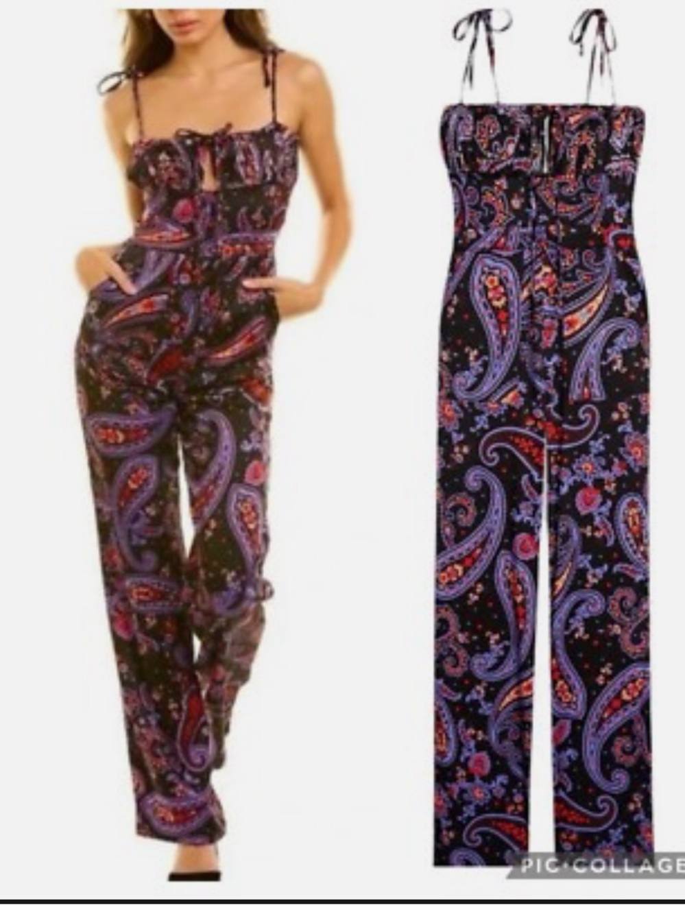 DANIELLE BERNSTEIN Black Paisley Tie-Shoulder Jumpsuit with Purple & Red Accents